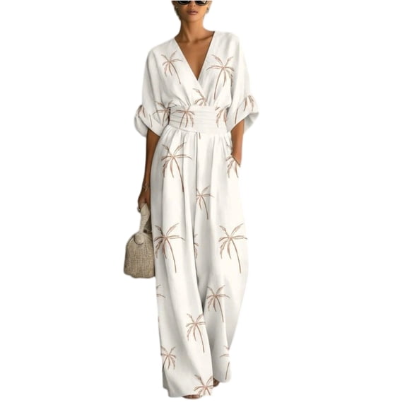 Summer Jumpsuit for Women V Neck Ruched High Waist Linen Wide Leg One Piece Outfit for Casual Summer Wear