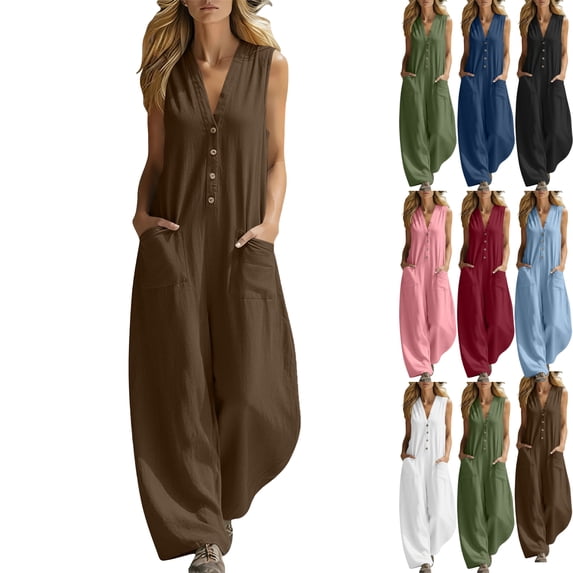 Summer Jumpsuit for Womens Fashion Oversize Casual Cotton and Linen Solid Color Sleeveless Jumpsuit