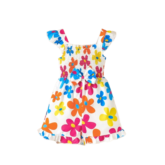 Summer Jumpsuits For 4Y,5Y,6Y,7Y Girls' Vibrant Floral Print Sleeveless Bow Smocking Romper Overalls,As Gift