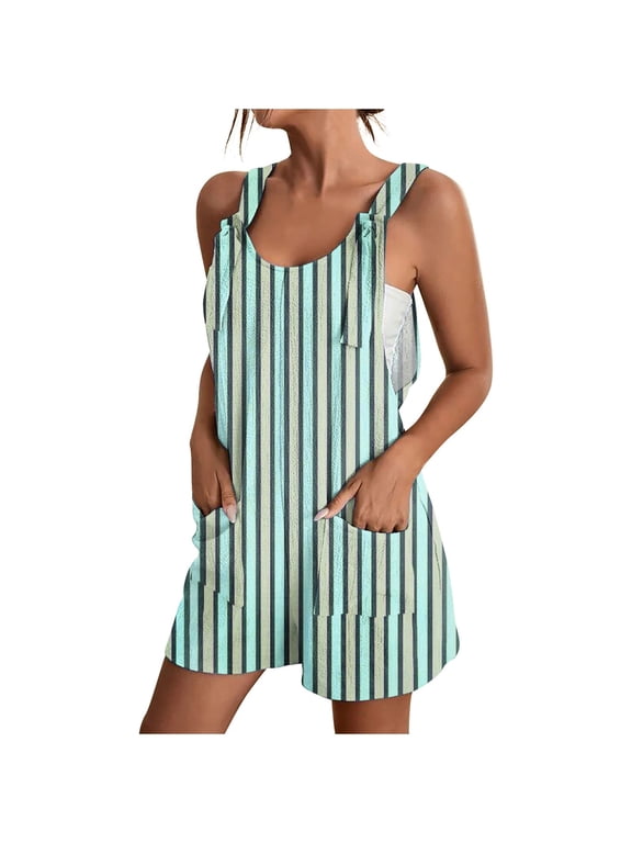 Summer Jumpsuits For Women Casual Adjustable Strap Vertical Printed Short Jumpsuit Breathable Sleeveless Loose Overalls Cute Comfy Rompers