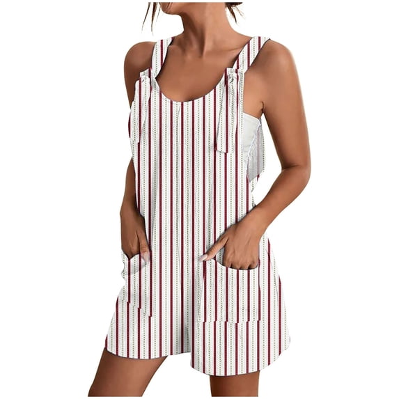 Summer Jumpsuits For Women Casual Adjustable Strap Vertical Printed Short Jumpsuit Breathable Sleeveless Loose Overalls Cute Comfy Rompers