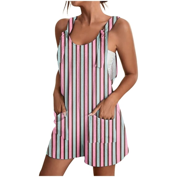 Summer Jumpsuits For Women Casual Adjustable Strap Vertical Printed Short Jumpsuit Breathable Sleeveless Loose Overalls Cute Comfy Rompers
