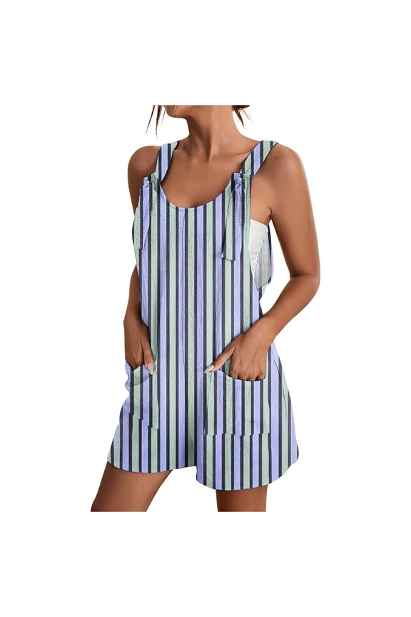 Summer Jumpsuits For Women Casual Adjustable Strap Vertical Printed Short Jumpsuit Breathable Sleeveless Loose Overalls Cute Comfy Rompers