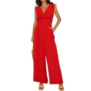 BSYOUFIER Summer Jumpsuits For Women 2024 Loose Wide Leg Sleeveless Jumpsuit Red L