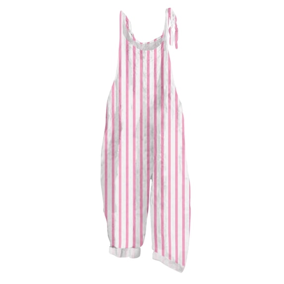 Summer Jumpsuits For Women 2026 Striped Adjustable Strap Overalls Loose Fit Wide Leg Baggy Jumpsuit With Cuffed Hem Casual Vintage Romper Pink 5XL