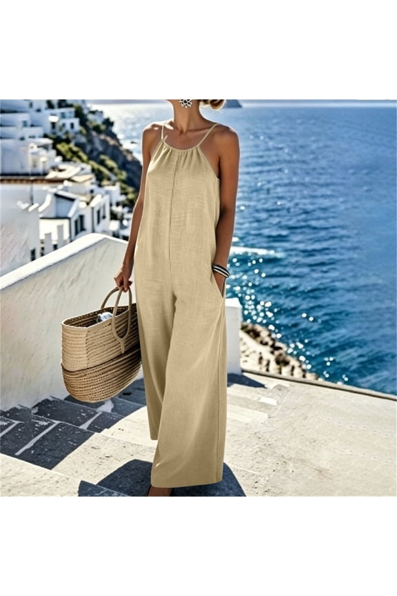 Summer Jumpsuits For Women Spaghetti Strap Backless Long Length Linen Fabric Casual Romper 1 Piece For Beach Vacation relaxable