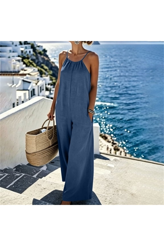 Summer Jumpsuits For Women Spaghetti Strap Backless Long Length Linen Fabric Casual Romper 1 Piece For Beach Vacation relaxable