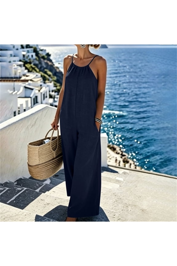 Summer Jumpsuits For Women Spaghetti Strap Backless Long Length Linen Fabric Casual Romper 1 Piece For Beach Vacation relaxable