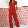 thumbnail image 1 of Summer Jumpsuits For Women Trendy Waist Up Short Sleeved Jumpsuit With V Neck Wide Leg Pants One Piece Outfits Red XL, 1 of 6