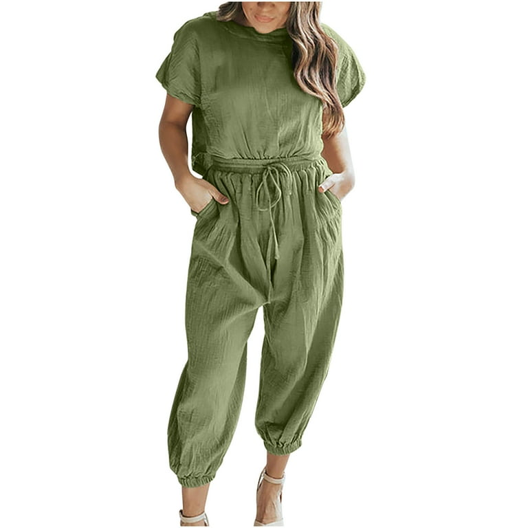 Summer Jumpsuits Women Comfy Linen Overall Romper Loose Short Sleeve Elastic Waist Cropped Playsuit with Pockets X Large Green 01