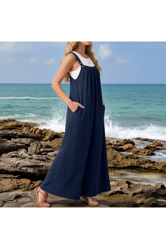 Summer Jumpsuits Womens Boho Wide Leg Overalls Casual Loose Rompers with Pockets Navy S