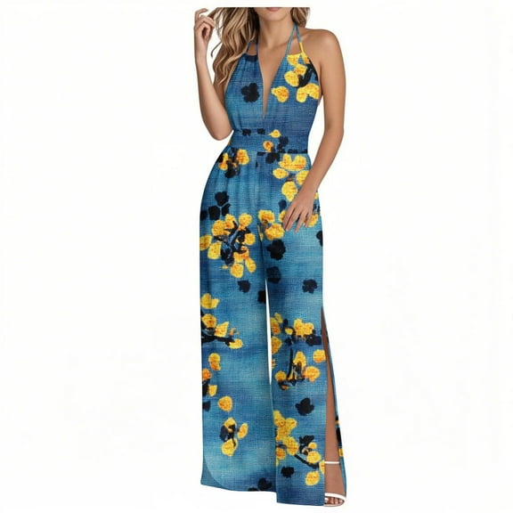 Summer Jumpsuits for Womens Dressy Slit Hem Overalls One Piece Outfits Adjustable Backless Halter Wide Leg Pants Rompers Trendy Daisy Printed Jumpsuit Going Out Beach Romper