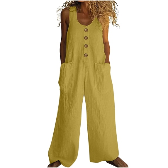 Summer Jumpsuits for Women Button Down Sleeveless Casual Jumpers Loose Wide Legs Rompers Overalls with Pockets