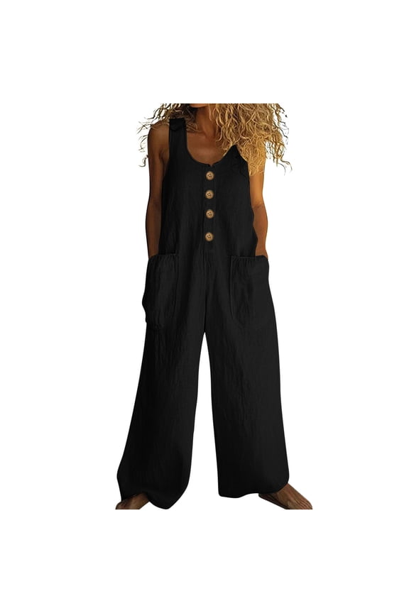 Summer Jumpsuits for Women Button Down Sleeveless Casual Jumpers Loose Wide Legs Rompers Overalls with Pockets