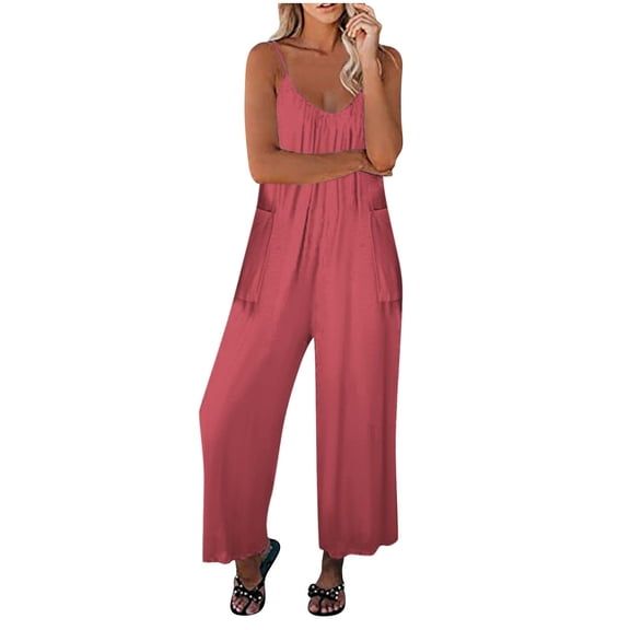 Summer Jumpsuits for Women Casual Baggy Sleeveless Spaghetti Strap Overalls Wide Leg Rompers with Pockets Ladies Clothes