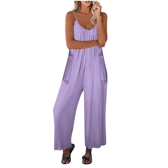 Summer Jumpsuits for Women Casual Baggy Sleeveless Spaghetti Strap Overalls Wide Leg Rompers with Pockets Ladies Clothes