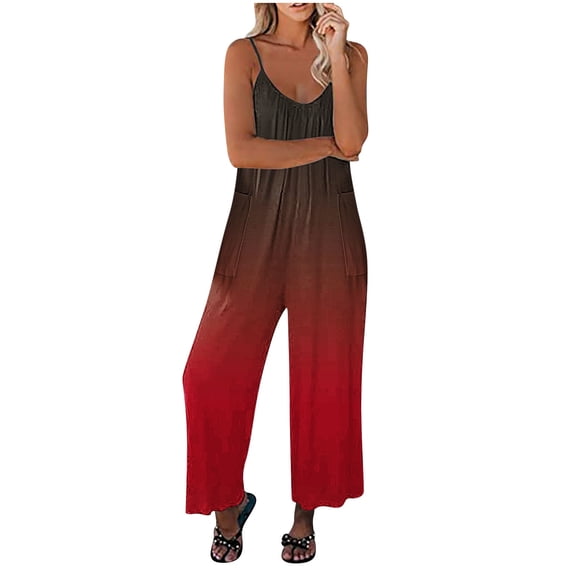 Summer Jumpsuits for Women Casual Baggy Sleeveless Spaghetti Strap Overalls Wide Leg Rompers with Pockets Ladies Clothes
