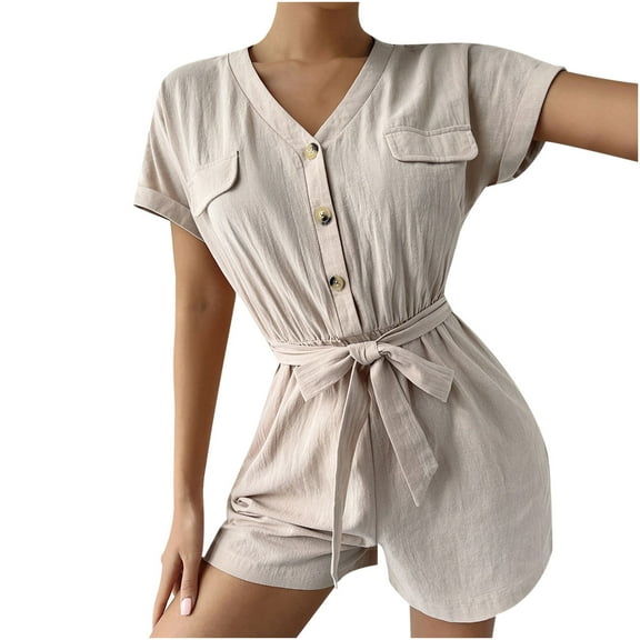 Summer Jumpsuits for Women Casual Baggy V Neck Buttons Short Sleeve Shorts Rompers One Piece Jumpsuit with Belt