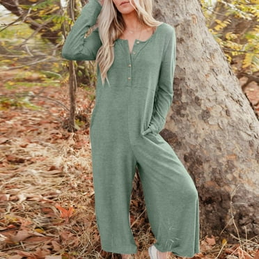 Summer Jumpsuits for Women Casual Fashion Plus Size Button Long Sleeved Color Wide-leg Jumpsuits Lady Jumpsuit Gift for Women Up to 65% off!