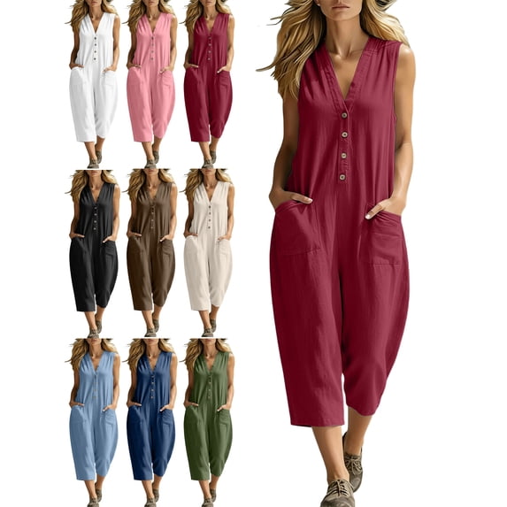 Summer Jumpsuits for Women Dressy 100% Cotton Loose Casual Pockets Solid Color Sleeveless Bodysuit with Three-Quarter Pants