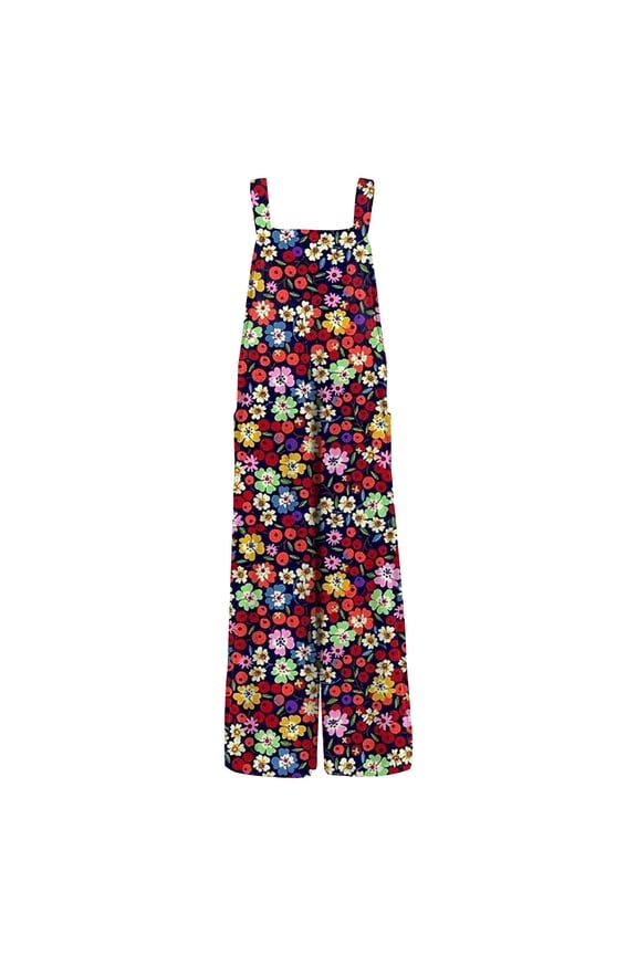 Summer Jumpsuits for Women Patchwork Casual Adjustable Straps Sleeveless Print Cute Linen Rompers with Pocket Red L