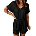 thumbnail image 1 of Summer Jumpsuits for Women Short Sleeve V Neck Solid Color Casual Loose Fit Shorts Rompers Tie Waisted with Pockets, 1 of 7