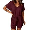 thumbnail image 1 of Summer Jumpsuits for Women Short Sleeve V Neck Solid Color Casual Loose Fit Shorts Rompers Tie Waisted with Pockets, 1 of 7