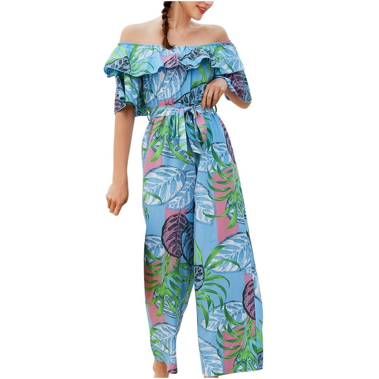 Summer Jumpsuits for Women Trendy Flounce Top Off Shoulder Tropical Print Wide Leg Romper Pant with Belt Outfit