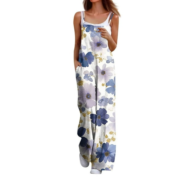 Summer Jumpsuits for Women Wide Leg Floral Print Rompers Bohemian Spaghetti Strap Sleeveless Bib Overalls with Pockets