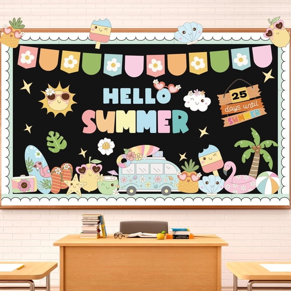 Summer June Bulletin Board Decorations Set Boho Hello Summer Classroom Decorations Tropical Hawaiian Beach Paper Cutouts with Blue Border for Home Office School Chalkboard Window Wall Door Teacher