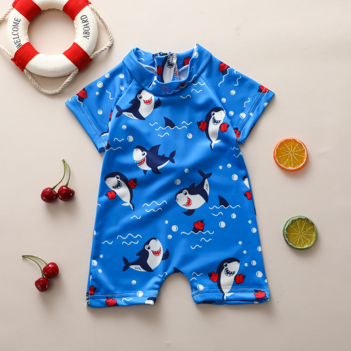 Summer Kids Baby Boys Swimsuit Swimwear Shark Print Short Sleeve Boys One Piece Swimming Suit Beach Bathing Suit Outfit 6-12 Months - image 1 of 6