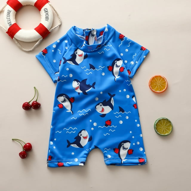 Summer Kids Baby Boys Swimsuit Swimwear Shark Print Short Sleeve Boys One Piece Swimming Suit Beach Bathing Suit Outfit 6-12 Months