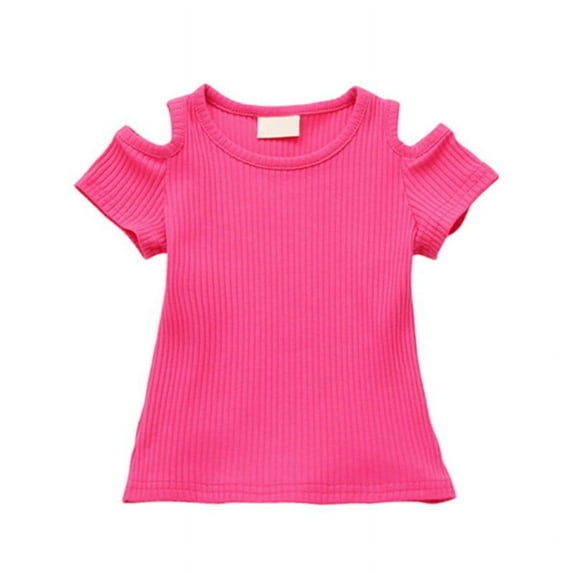 Summer Kids Baby Girls Candy Color Off-shoulder Short Sleeved T-shirt Cotton Clothes Tops