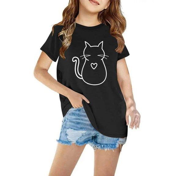 Summer Kids Boys Girls T-Shirts Casual Short Sleeve Funny Cat Print Crewneck Pullover Tops Loose Lightweihgt Comfy Cotton Basic Tees Shirt