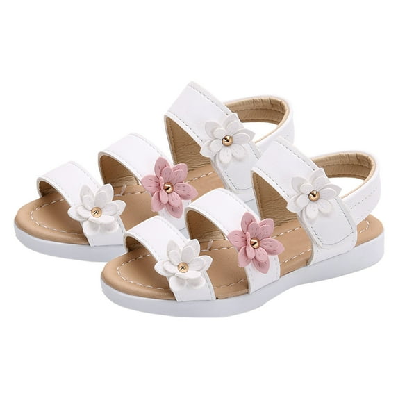 Summer Kids Children Sandals Fashion Big Flower Girls Flat Pricness Shoes Pretty Spring Summer Footwear White 8 Years-9 Years