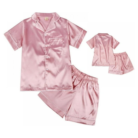 Summer Kids Girl Pure Color Imitate Silk Pajamas Short Sleeve Blouse Short Pants Sleepwear Suit ,5-14 Years
