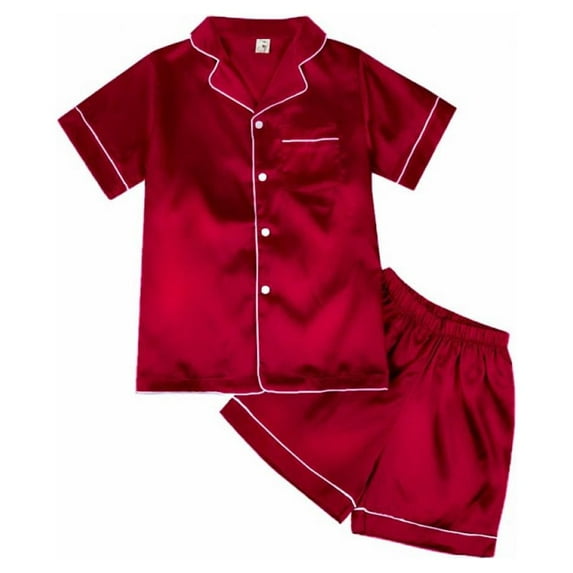 Summer Kids Girl Pure Color Imitate Silk Short Sleeve Blouse Pants Sleepwear Suit,4-10 Years