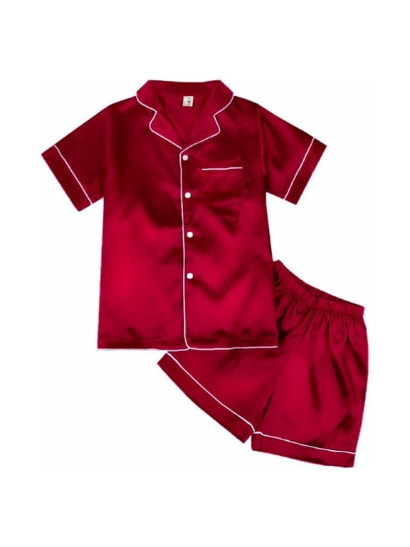 Summer Kids Girl Pure Color Imitate Silk Short Sleeve Blouse Pants Sleepwear Suit,4-10 Years