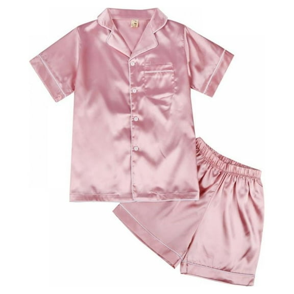 Summer Kids Girl Pure Color Imitate Silk Short Sleeve Blouse Pants Sleepwear Suit,4-10 Years