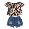 thumbnail image 1 of Summer Kids Girls Clothes Set, Off-Shoulder Leopard Print Top+Denim Shorts, 1 of 9
