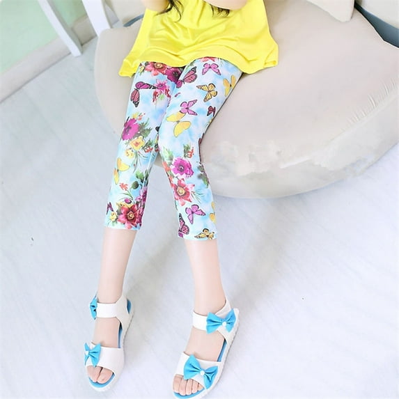 Summer Kids Girls Printed Capri Cropped Leggings Children Milk Silk Stretchy Shorts