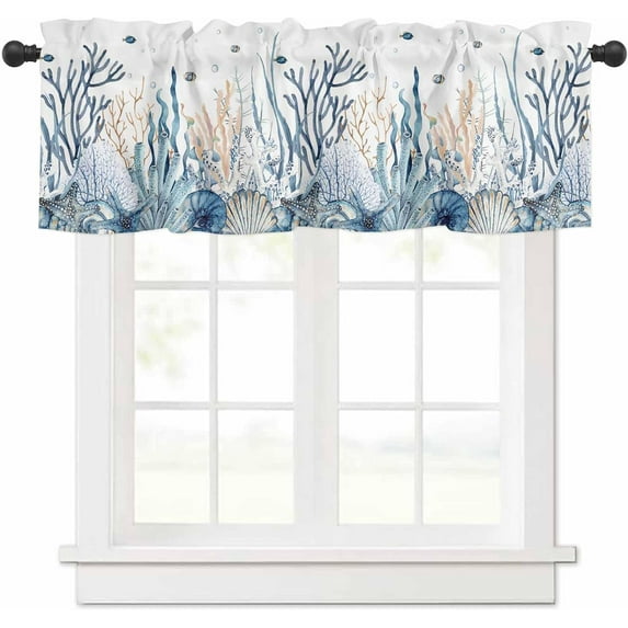 Summer Kitchen Curtain Valance Living Room Valance for Windows Summer Ocean Coral Shell Conch Starfish White Valance Curtains Short Rod Pocket Window Valance for Bedroom, 54"x18"