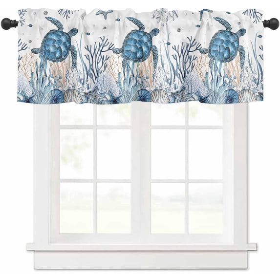 Summer Kitchen Curtain Valance Living Room Valance for Windows Summer Ocean Turtle Coral Shell Conch Starfish White Valance Curtains Short Rod Pocket Window Valance for Bedroom, 54"x18"