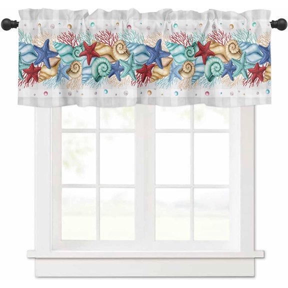 Summer Kitchen Curtain Valance Living Room Valance for Windows Summer Watercolor Ocean Shells Coral Gray Plaid Valance Curtains Short Rod Pocket Window Valance for Bedroom, 54"x18"