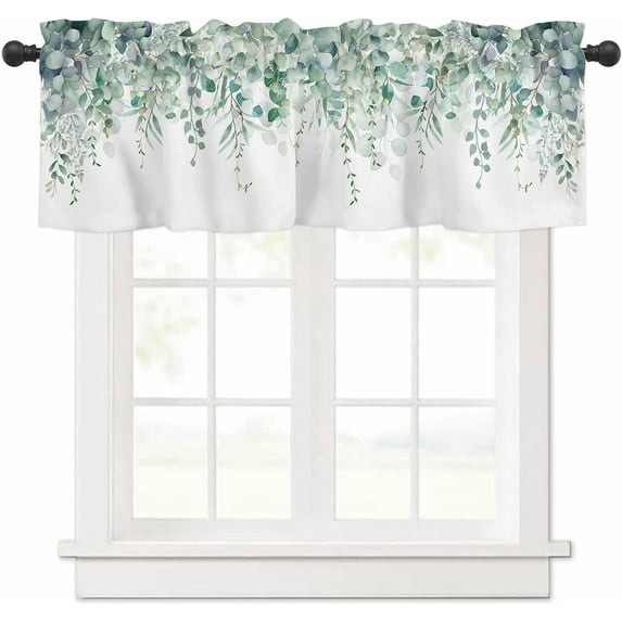 Summer Kitchen Curtain Valance Living Room Valance for Windows Watercolor Spring Plant Eucalyptus Leaves Green Valance Curtains Short Rod Pocket Window Valance for Bedroom, 54"x18"