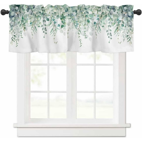Summer Kitchen Curtain Valance Living Room Valance for Windows Watercolor Spring Plant Eucalyptus Leaves Green Valance Curtains Short Rod Pocket Window Valance for Bedroom, 54"x18"