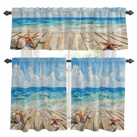 Summer Kitchen Curtains Valances and Tiers Set of 3 Blue Beach Ocean Starfish Shell Linen Texture Tier Curtains and Valance with Rod Pocket for Small Windows, 27.5"x24"
