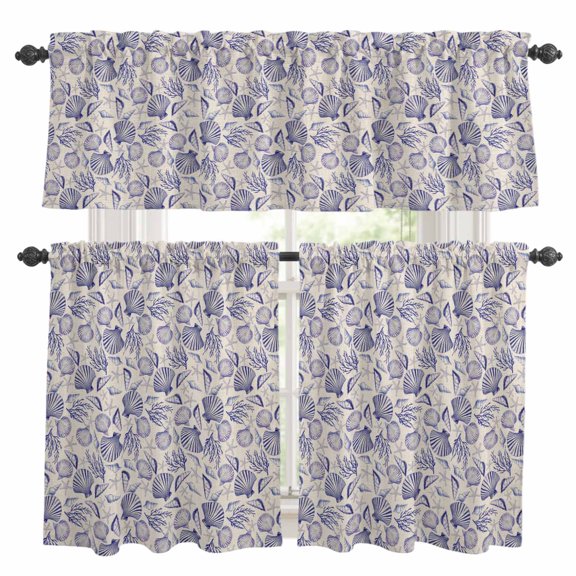 Summer Kitchen Curtains Valances and Tiers Set of 3 Blue Starfish Coral Shell Linen Texture Tier Curtains and Valance with Rod Pocket for Small Windows, 27.5"x24"