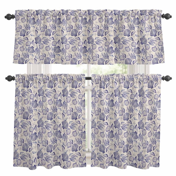 Summer Kitchen Curtains Valances and Tiers Set of 3 Blue Starfish Coral Shell Linen Texture Tier Curtains and Valance with Rod Pocket for Small Windows, 27.5"x36"