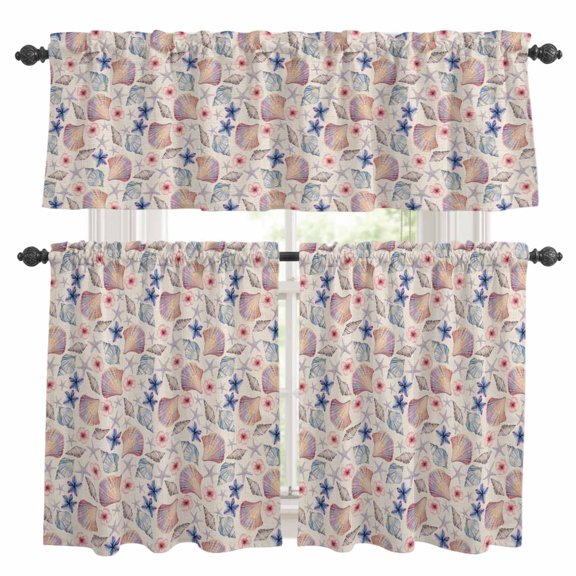 Summer Kitchen Curtains Valances and Tiers Set of 3 Flowers Starfish Shell Linen Texture Tier Curtains and Valance with Rod Pocket for Small Windows, 27.5"x24"